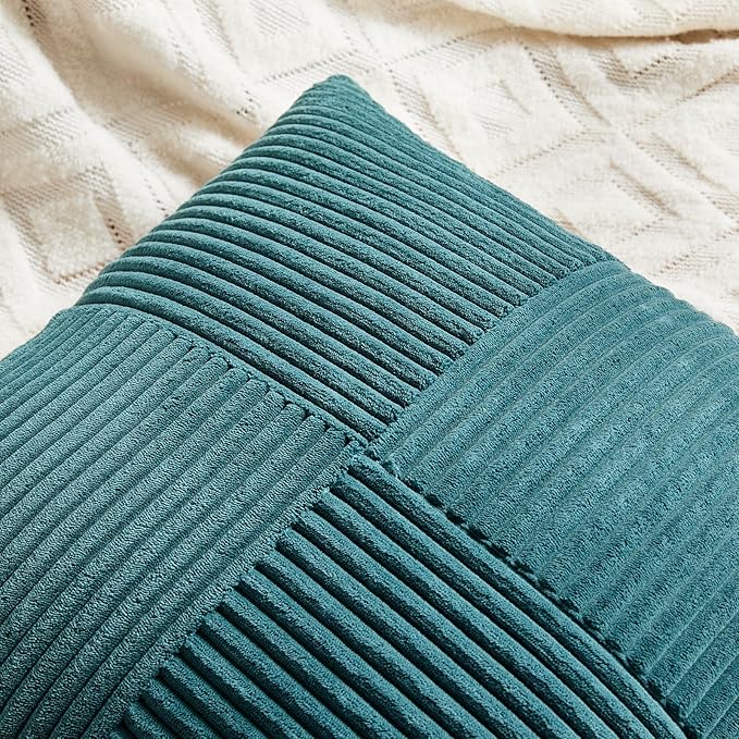 Fancy Homi 2 Packs Teal Decorative Throw Pillow Covers 16x16 Inch for Living Room Couch Bed Sofa, Rustic Farmhouse Boho Home Decor, Soft Corss Patchwork Corduroy Textured Square Cushion Case 40x40 cm