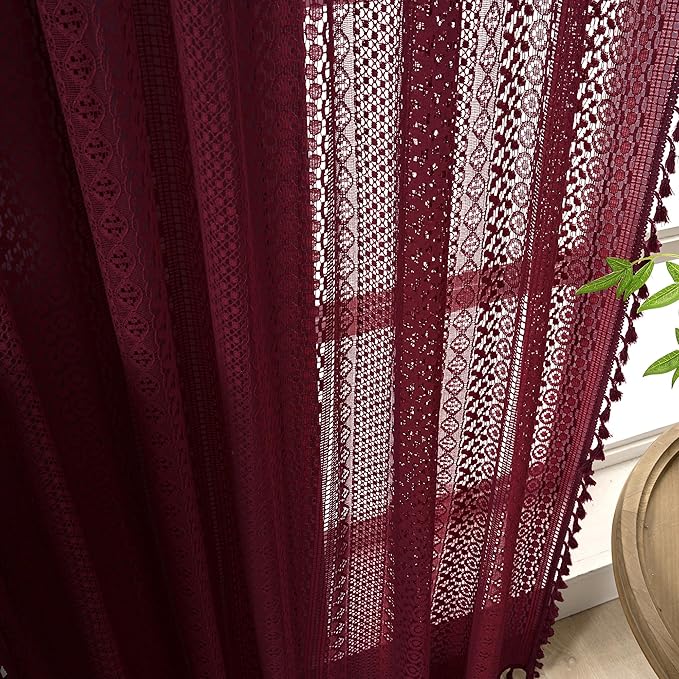 WAZZIO Boho Lace Curtains 63 Inches 2 Panel,Light Filtering Privacy Tassel & Geometry Crochet Semi Sheer Curtain Drapes for Bedroom Living Dining Room,Rod Pocket & Tassel,Burgundy Red