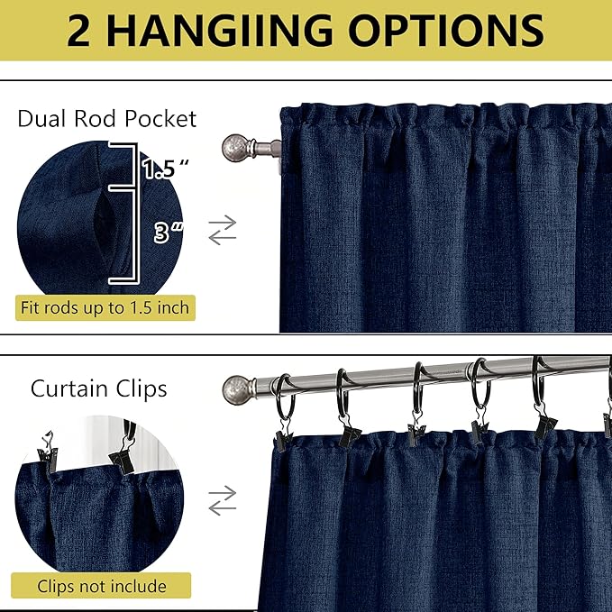 Navy Blue Valances for Windows, Light Filtering Faux Linen Textured Small Short Valance Curtains for Bathroom Basement Farmhouse, Rod Pocket Top Half Curtains for Windows, 60" Wx24 L