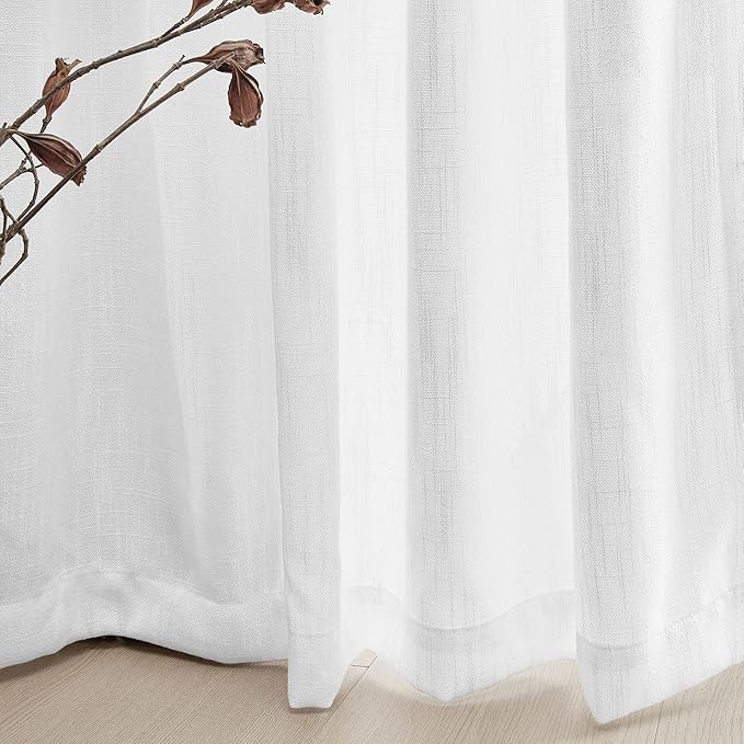 MYSKY HOME Floor to Ceiling Curtains 120 Inches White Sheer Window Drapes 2 Panel Sets Back Tab Draperies Linen Look Boho Fabric, Soft Cotton Blend Light Filtering for Living Room