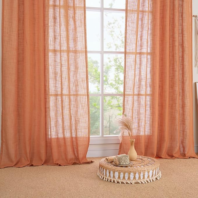 LAMIT Sheer Linen Curtains 63 Inch for Bedroom, Light Filtering Country Decor Semi Sheer Farmhouse Boho Curtains Back Tab and Rod Pocket Living Room Panels, Burnt Orange, 2 Panels, 52 x 63 Inch