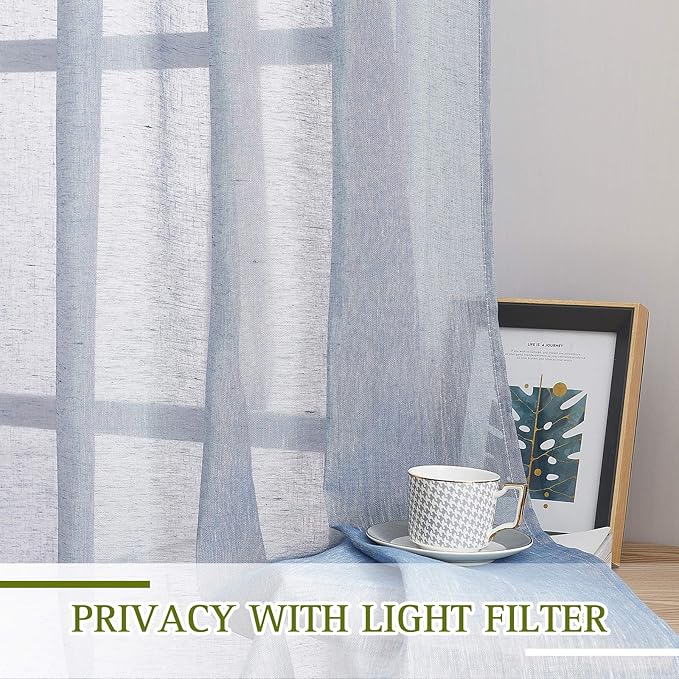 NICETOWN Linen Sheer Sliding Door Curtain 100 Inch, Eyelet Top Semi Privacy Window Treatment Light Filtering Flax Sheer Drapes for Guest Room, W100 x L84, 1 Panel, Sea Mist