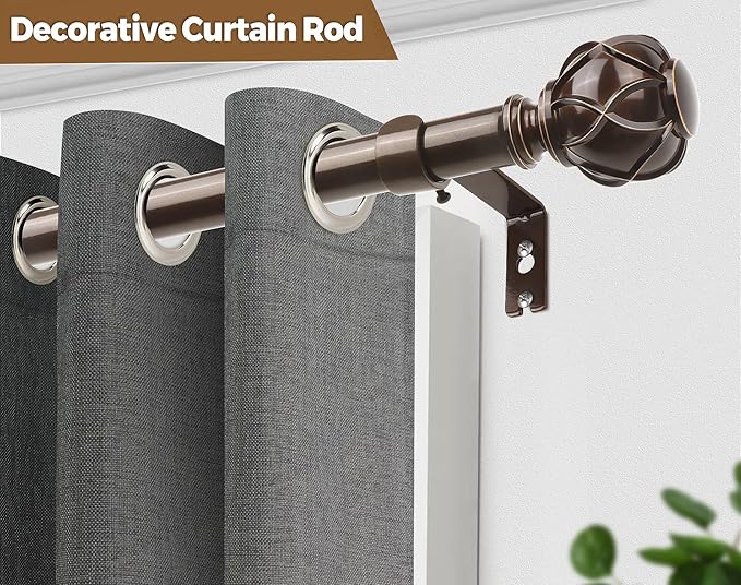 KAMANINA 1 Inch Curtain Rod Telescoping Single Drapery Rod 28 to 48 Inches (2.3-4 Feet), 2 Pack Antique Bronze Curtain Rods for Windows 16 to 44 Inches, Netted Texture Finials