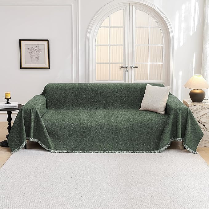 MYSKY HOME Couch Cover for Dogs, Washable Couch Covers, Non Slip Couch Sofa Cover, Couch Cover 2 Cushion Sofa Dogs Furniture Protector with Tassels Chenille Sofa Covers for Pets, 71"x118", Moss Green
