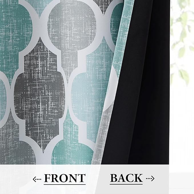 Beauoop 100% Blackout Curtains 84 Inches Long 2 Panels for Bedroom Living Room Aqua Grey Moroccan Geo Room Darkening Thermal Insulated Soundproof Grommet Top Window Treatments Drapes, 50x84 Set of 2