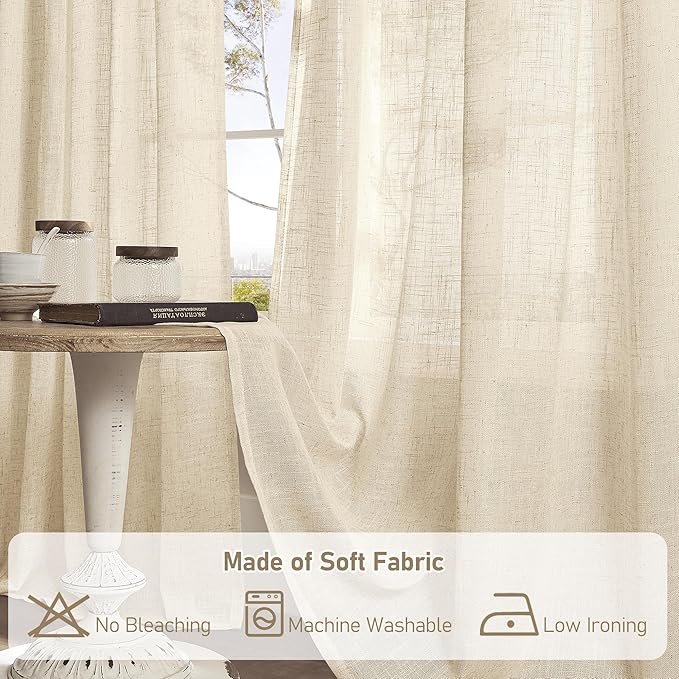 LAMIT Semi Sheer Linen Curtains 72 inches Long for Living Room, Linen Textured Light Filtering Drapes Bronze Grommet Neutral Window Panels for Bedroom/Farmhouse, 2 Panels, 34 x 72 Inch