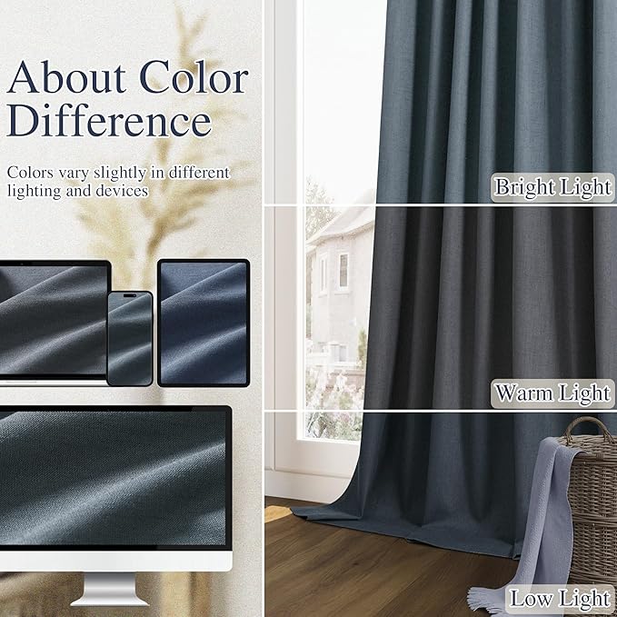 Guken 100% Blackout Linen Curtains 96 Inch Length 2 Panels Set for Living Room Bedroom Back Tab Thermal Insulated Black Out Linen Drapes Room Darkening Window Curtains,Vintage Blue
