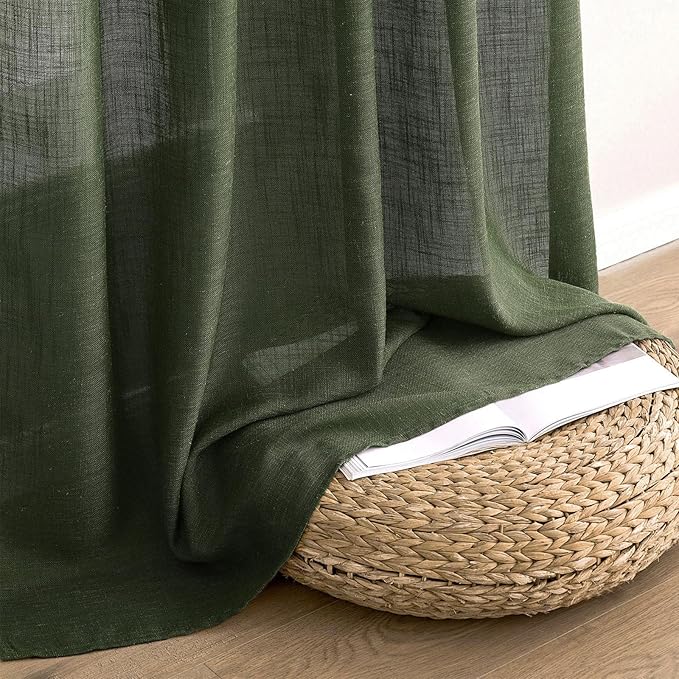 MIULEE Olive Green Linen Curtains 120 Inches Long for Bedroom Living Room, Soft Thick Linen Textured Window Drapes Semi Sheer Light Filtering Back Tab Rod Pocket Burlap Look, 2 Panels