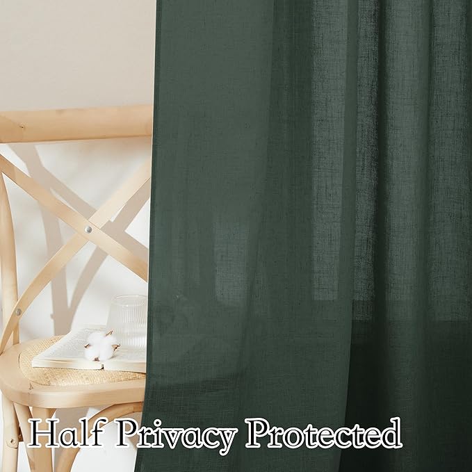 RYB HOME Semi Sheer Valances - Linen Textured Sheer Curtains Small Window Tiers Farmhouse Decor for Kitchen Bathroom Cafe Bedroom, Olive Green, Wide 52 x Long 18 inch, 2 Panels
