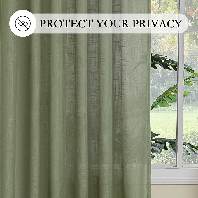 MYSKY HOME Sage Green Curtains 96 Inches Long for Living Room Sliding Glass Door Semi Sheer Drapes Light Filtering Window Treatments Soft Farmhouse Style Privacy Protect Back Tab, 50" x 96", 2 Panels