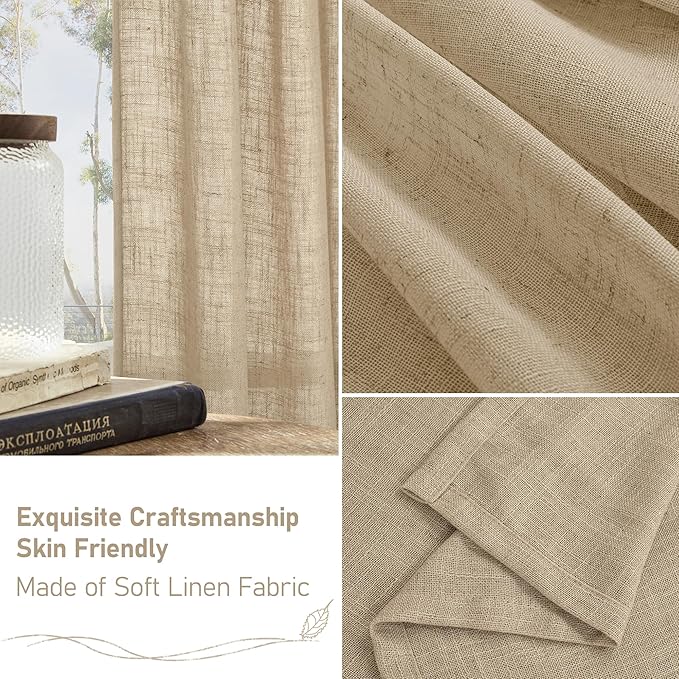 LAMIT Living Room Linen Curtains 95 Inch for Bedroom, Back Tab and Rod Pocket Linen Textured Sheer Curtains Light Filtering Burlap Drapes for Farmhouse, 2 Panels, 52 x 95 Inch, Brown