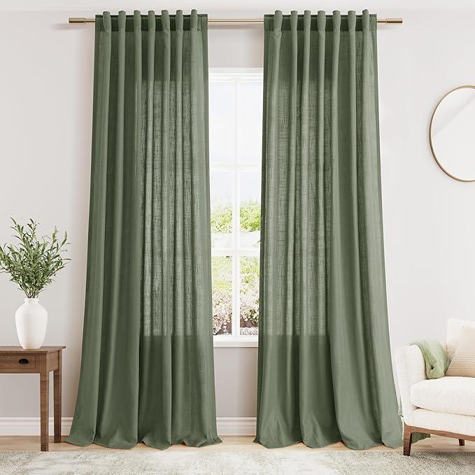 Olive Green Linen Curtains 90 Inch Length 2 Panels Set for Living Room Rod Pocket Back Tab Window Drapes Light Filtering Modern Farmhouse Curtain 90 Inches Long for Dining Room Bedroom 52x90