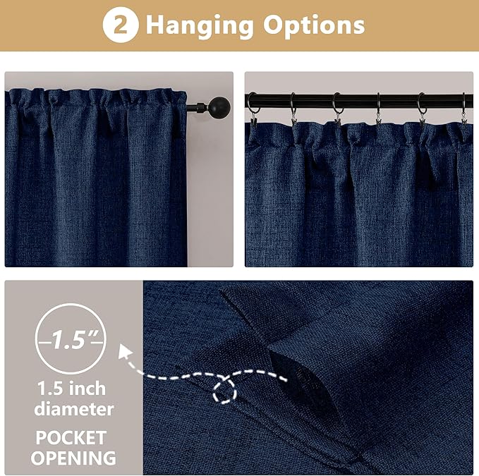 OVZME Navy Blue Valance for Windows, Light Filtering Faux Linen Textured Small Kitchen Valances for Windows, Dual Rod Pocket Farmhouse Short Curtain for Bathroom Basement, 60Wx18L inch, 1 Piece