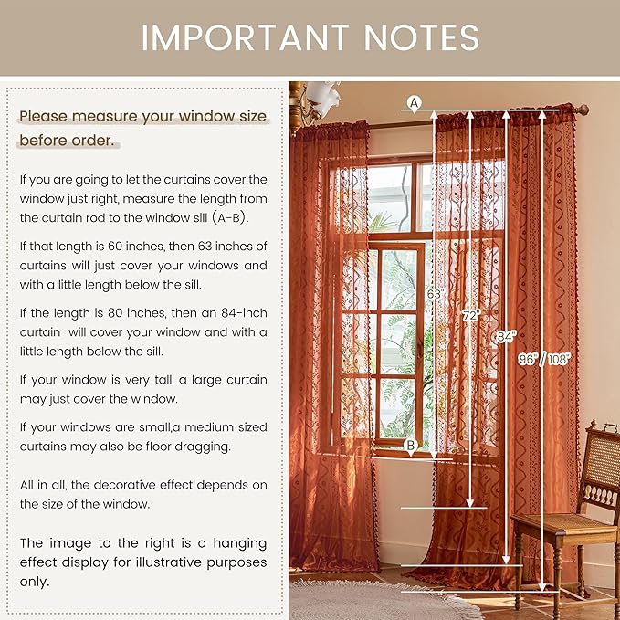 WAZZIO Boho Lace Curtains 63 Inch 2 Panels-Vintage Sheer Panel Drape Floral Pattern & Tassel Light Filtering Privacy for Bedroom Dining Living Room,Cottage Earthy Full Decor Terracotta,W52 x 63L