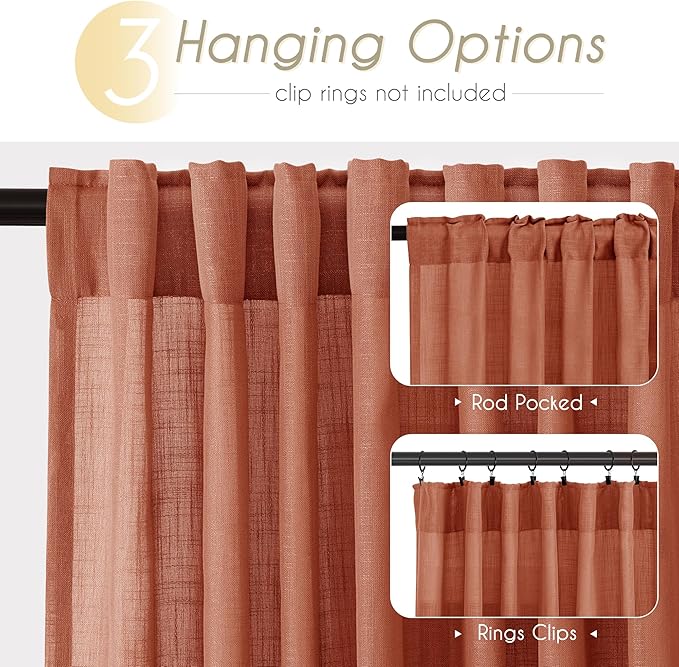 132 inch Linen Terracotta Curtains 2 Panels for Living Room Back Tab Light Filtering Semi Sheer Rust Colored Curtains 132 inches Long Soft Thick Cotton Cloth Textured Rustic Boho Farmhouse Room Decor