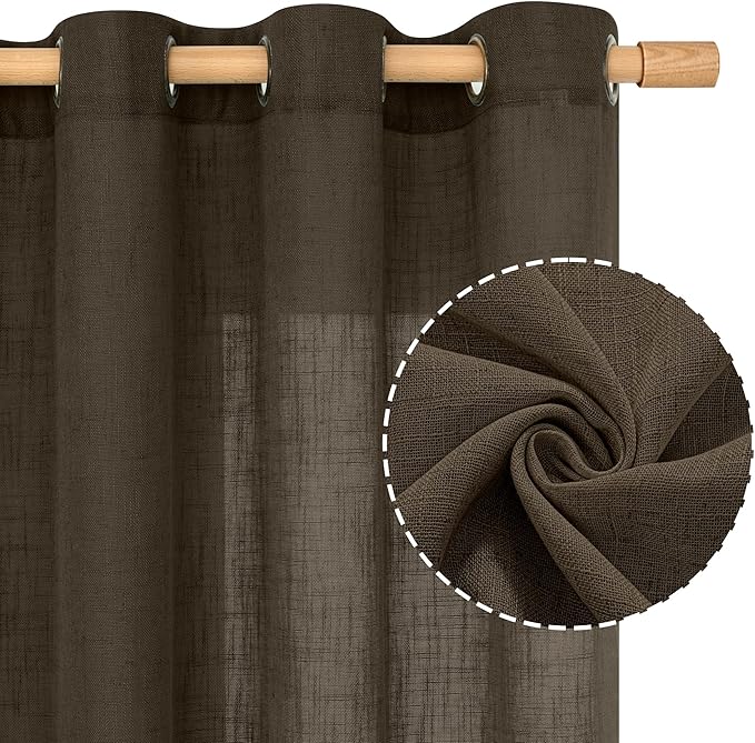 LAMIT Dark Brown Linen Curtains for Living Room 84 inch Length, Light Filtering Semi Sheer Panels Bronze Grommet Rustic Farmhouse Drapes for Bedroom/Sliding Glass Door, 2 Panels, 52 x 84 Inch