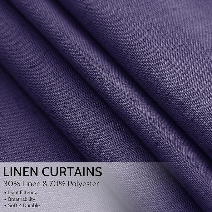 Purple Curtains 63 Inches Long 2 Panel Sets for Living Room Bedroom, Light Filtering Linen Drapes for Kitchen Windows Rod Pocket or Back Tab Curtain,Semi Sheer 52x63