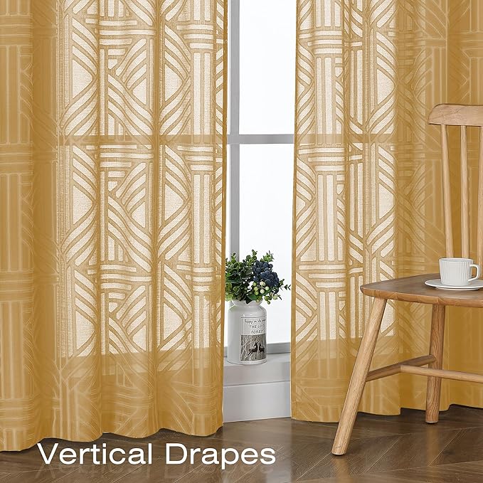 Simplebrand Gold Semi Sheer Curtains 45 Inch Length 2 Panels, Geometric Jacquard Clip Textured Short Sheer Curtains for Bedroom，Modern Elegant Window Curtains Drapes/Treatment Sheer，42x45 inch