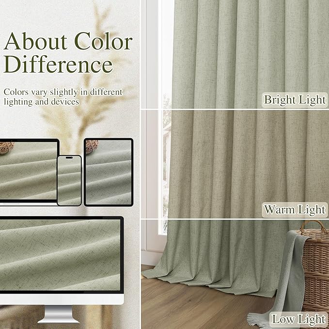 Sage Green 100% Blackout Curtains 80 Inch Length 2 Panels Set for Living Room Bedroom Back Tab Thermal Insulated Black Out Linen Drapes Room Darkening Window Curtains 40 Wide