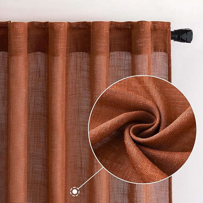 MIULEE Burnt Orange Linen Curtains 108 Inches Long for Living Room, Soft Thick Linen Textured Window Drapes Terracotta Rust Boho Fall Decor Semi Sheer Light Filtering Rod Pocket Back Tab, 2 Panels