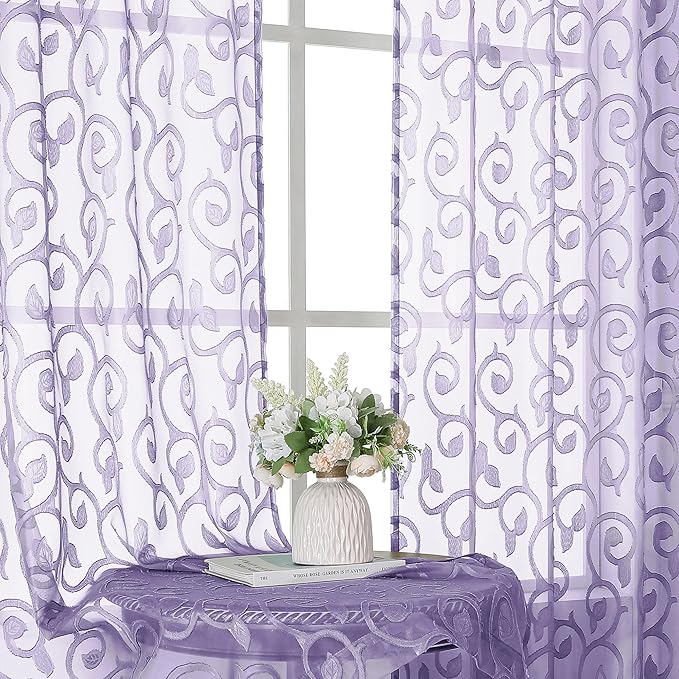 OWENIE Furman Light Purple Sheer Curtains 54 Inch Length 2 Panels Set for Living Room Bedroom, Jacquard Clip Short Curtains for Small Window, Modern Rod Pocket Bathroom Window Curtain 42W inch 54L