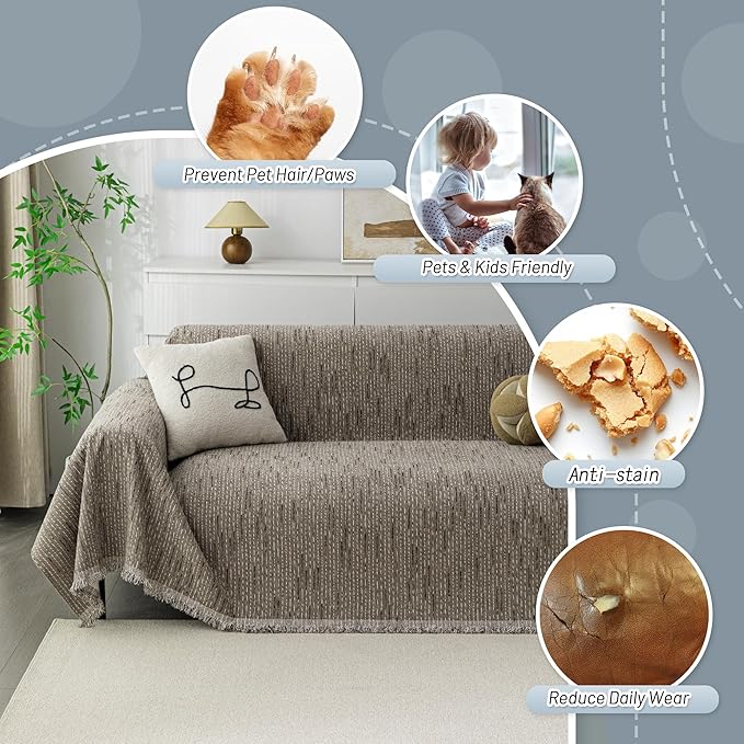 MYSKY HOME Loveseat Cover Sand Couch Cover Sectional Couch Covers for 2 Cushion Couch Sofa Thick Universal Chenille Sofa Cover with Tassel Durable Furniture Protector for Dogs 91" x 118"