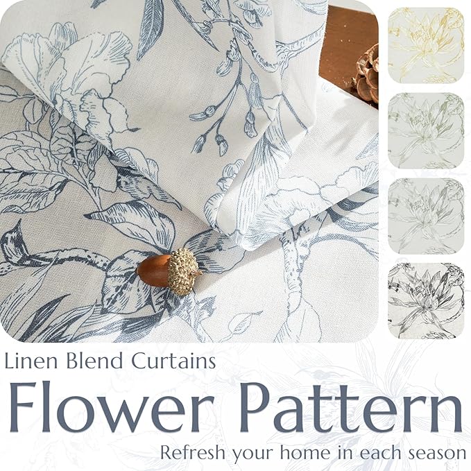 jinchan Floral Curtains 90 Inch Length Blue Flower Linen Farmhouse Curtain for Living Room French Country Vintage Curtain Rod Pocket Curtains Set 2 Panels Blue Floral Printed