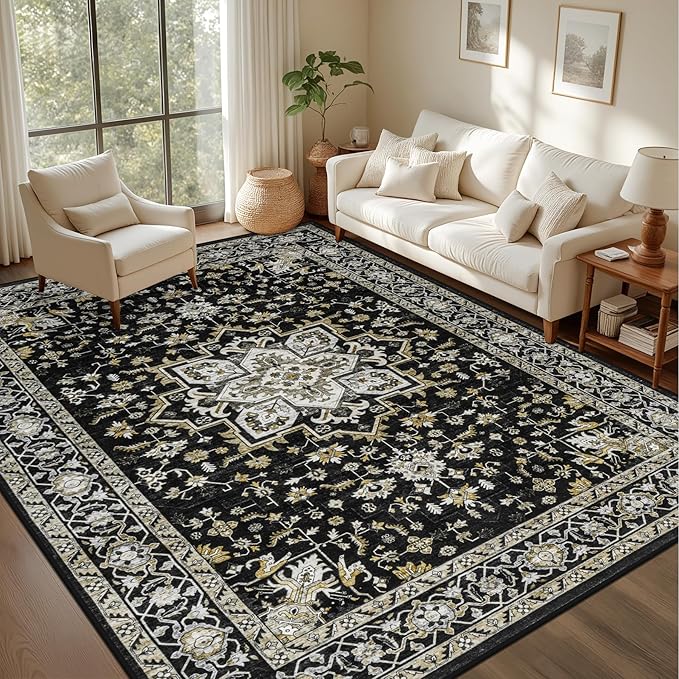 Area Rugs 9x12 Living Room Rug: Washable Rug Soft Vintage Boho Medallion Carpet Indoor Non-Slip Stain Resistant Large Carpets for Bedroom Dining Room Farmhouse Nursery Home Office Black Gold