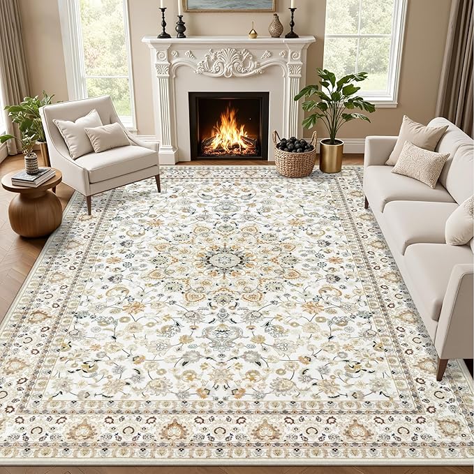 Area Rugs 9x12 Living Room Rug: Washable Rug Soft Vintage Boho Carpet Indoor Floor Non-Slip Stain Resistant Large Carpets for Bedroom Dining Room Farmhouse Nursery Home Office Beige