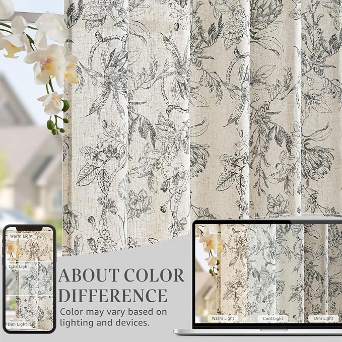 jinchan Floral Curtains 96 Inches Long Black Flower Linen Farmhouse Curtain for Living Room French Country Vintage Curtain Rod Pocket Curtains Set 2 Panels Balck Floral Printed