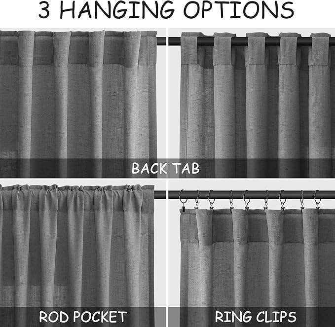Extra Long Dark Grey Linen Curtains 2 Panels 102 Inches Long for Living Room Cotton Linen Textured Window Curtain Back Tab Rod Pocket Light Filtering Semi Sheer Drapes 102 Inch Length for Bedroom