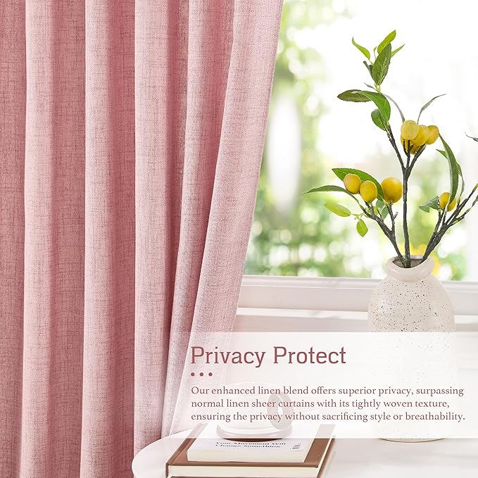 RYB HOME Living Room and Dining Room Curtains and Drapes Linen Sheer, Light Filtering Curtains 96 inches Long, Back Tab/Rod Pocket, Peach Blush, W 52 x L 96 inches, 2 Panels Set