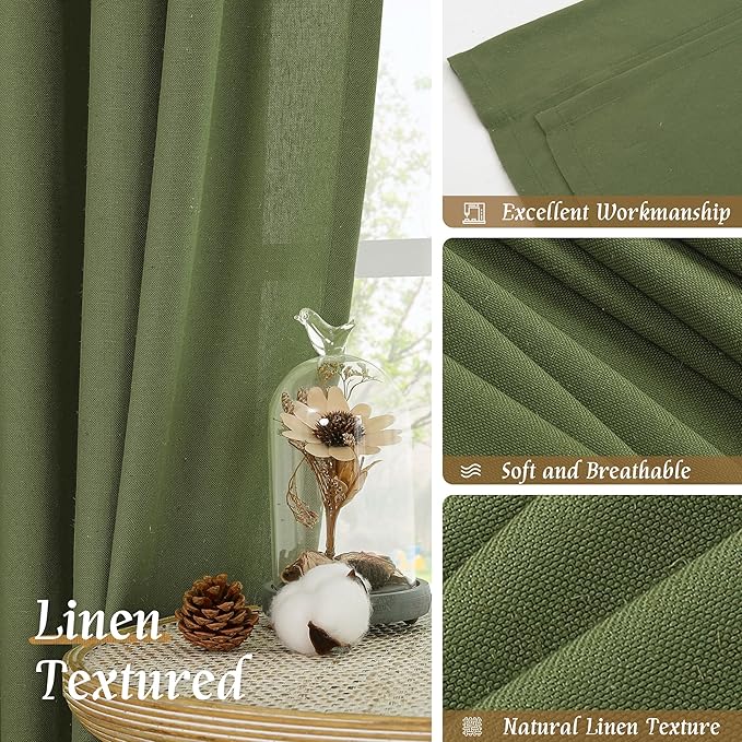 LAMIT Olive Green Linen Curtains 48 Inch for Short Windows, Soft Linen Textured Light Filtering Panels Farmhouse Boho Rod Pocket Drapes for Kitchen/Loft Room, 2 Panels, 42 x 48 Inch
