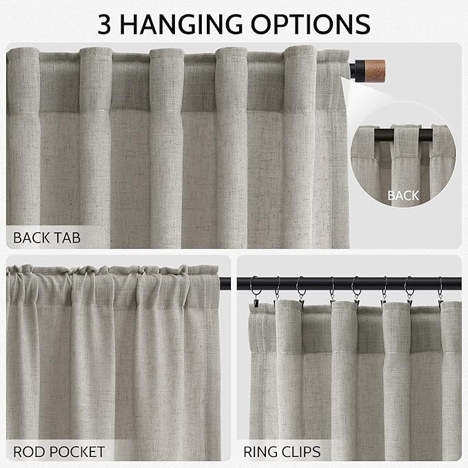 Silver Grey Linen Curtains 102 Inches for Living Room Bedroom Extra Long Back Tab Curtain Neutral Farmhouse Light Filtering Semi Sheer Ceiling to Floor for Large Window Office 2 Panels