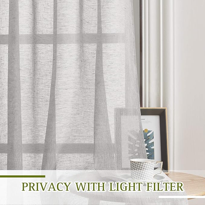 NICETOWN 90 inch Grey Curtains Linen Sheer Window Drapes, Grommet Decorative Keep Privacy Semi Sheer with Light Filtering for Kids Room/Boys Room, W52 x L90, 2 Panels