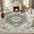 Area Rugs 10x12 Living Room Rug: Washable Rug Soft Vintage Boho Medallion Carpet Indoor Non-Slip Stain Resistant Large Carpets for Bedroom Dining Room Farmhouse Nursery Home Office Green Ivory