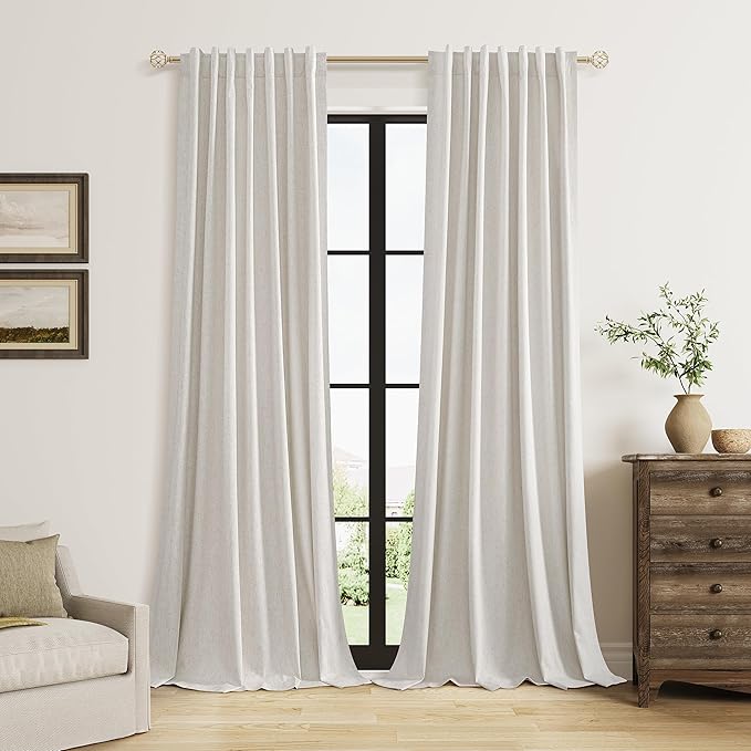 Guken 100% Black Out Light Beige Linen Curtains 90 Inch Long for Living Room Back Tab Rod Pocket Modern Farmhouse Thermal Insulated Drapes for Bedroom Black Out Window Curtain 2 Panels, 52x90