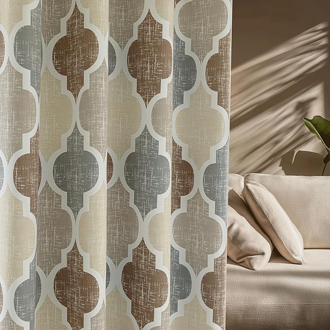 Beauoop 100% Blackout Curtains 72 Inches Long 2 Panels for Bedroom Living Room Brown Grey Moroccan Geo Room Darkening Thermal Insulated Soundproof Grommet Top Window Treatments Drapes, 50x72 Set of 2