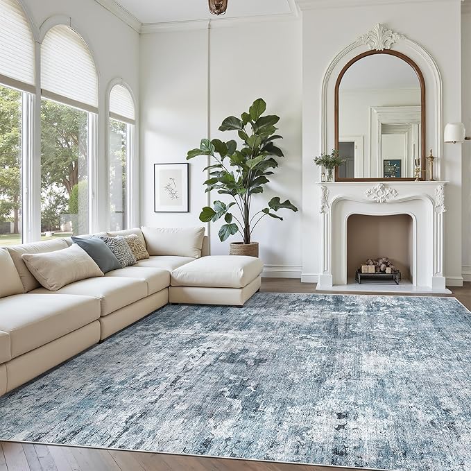 Washable Area Rug 8x12, Large Soft Rugs for Living Room Vintage Blue/Grey Carpet 8x12 Area Rugs for Bedroom Dining Room Non-Slip Stain Resistant Under Table Rug