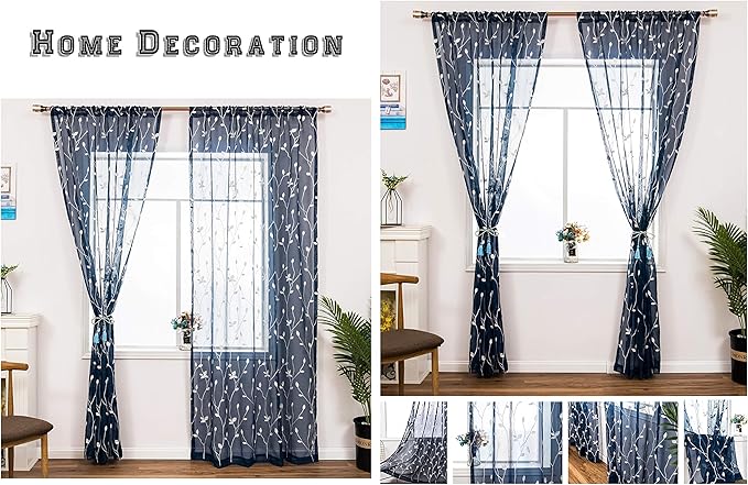 AmHoo 2 Panels Embroidered Leaf Pattern Semi Sheer Curtains Foliage Floral Voile Window Draperies Treatment for Bedroom Living Room Rod Pocket Navy Blue 53 x 63 Inch