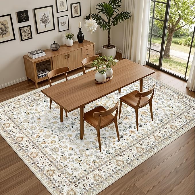 6x9 Area Rugs Living Room Rug: Washable Vintage Boho Rug No Slip Stain Resistant Soft Carpet Indoor Floor Floral Large Carpets for Bedroom Dining Room Farmhouse Nursery Home Office Beige