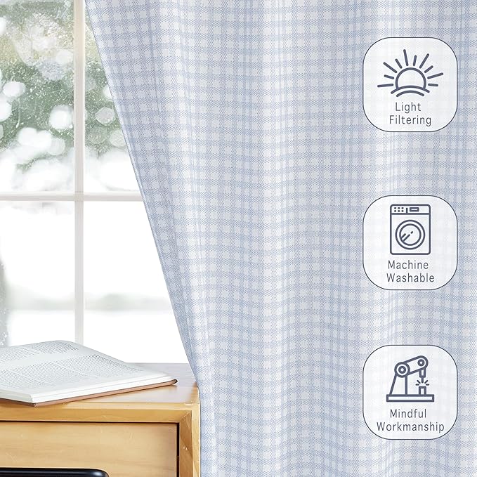 RYB HOME Checkered Cafe Curtains 24 inch Length, Linen Gingham Small Window Treatment Vintage Farmhouse Plaid Curtains Valance for Kitchen Living Room Bathroom, Blue, W26 x L24, 2 Panels