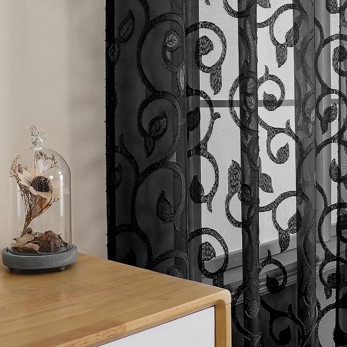 OWENIE Furman Sheer Black Curtains 90 inches Long for Bedroom Living Room 2 Panels Set, Light Filtering Soft Semi Sheer Jacquard Clip Farmhouse Curtains Rod Pocket Design, Each 52Wx90L inch