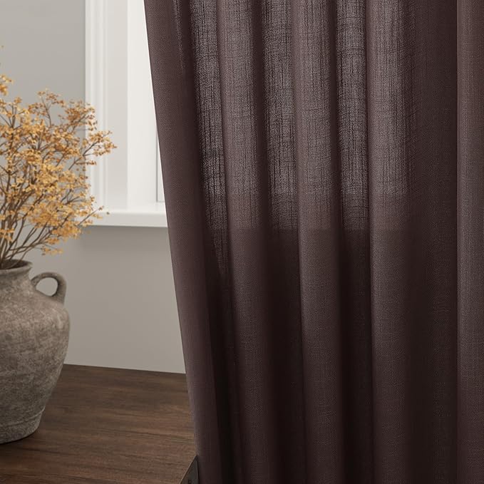 Nanspring Coffee Linen Semi Sheer Curtains 108 Inches Long 2 Panels Set Back Tab Loop Pocket Boho Large Window Curtain Extra Long Light Filtering Drapes High Ceiling Curtains for Living Room 52x108