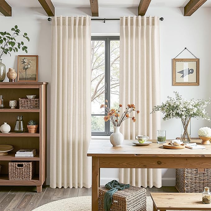 Linen Curtains for Living Room 90 Inches Long Modern Farmhouse Decor Light Filtering Semi Sheer Curtain Back Tab Neutral Luxury Rustic Burlap Coastal Drapes for Bedroom Office 52x90, 2 Panels