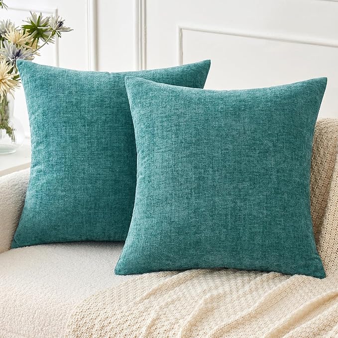 MIULEE Pack of 2 Couch Throw Pillow Covers 18x18 Inch Soft Teal Chenille Pillow Covers for Sofa Living Room Solid Dyed Pillow Cases