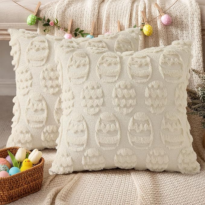 decorUhome Easter Beige Egg Pillow Covers 18x18 Inch Set of 2, Soft Plush Faux Wool Jacquard Cushion Covers, Farmhouse Neutral Fuzzy Spring Easter Holiday Decor for Couch Sofa Bed