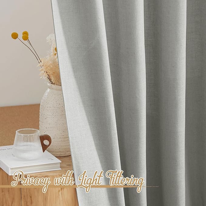 NICETOWN Linen Gray Curtains for Bedroom, Rod Pocket & Back Tab Flax Linen Burlap Semi Sheer Eclectic Window Treatments Privacy with Light Filtering for Boys Room/Living Room, W52 x L95