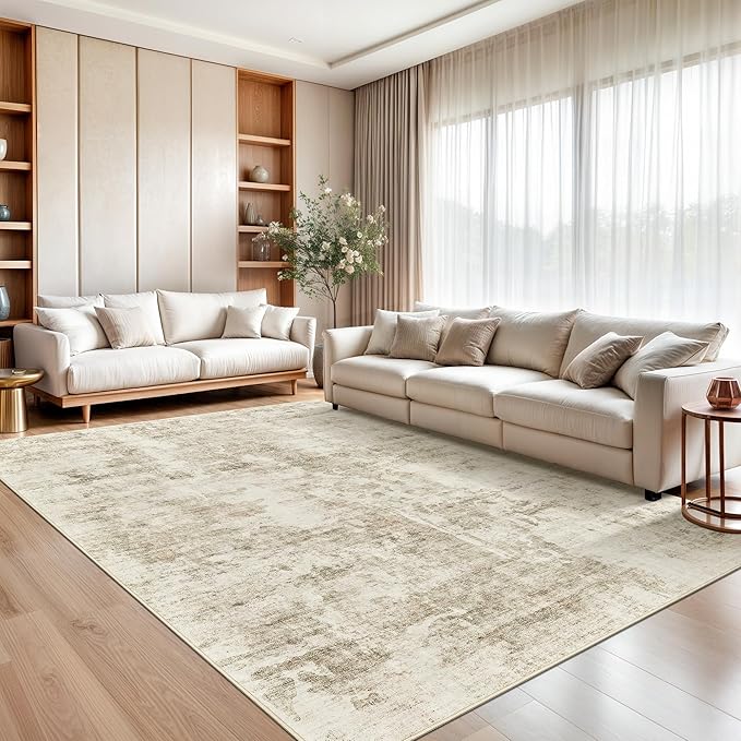 Abstract Rug 8x10 Large Living Room Rugs Neutral Modern Washable Area Rugs for Bedroom Dining Room Non-Slip Stain Resistant Foldable Thin Rug Beige Gray