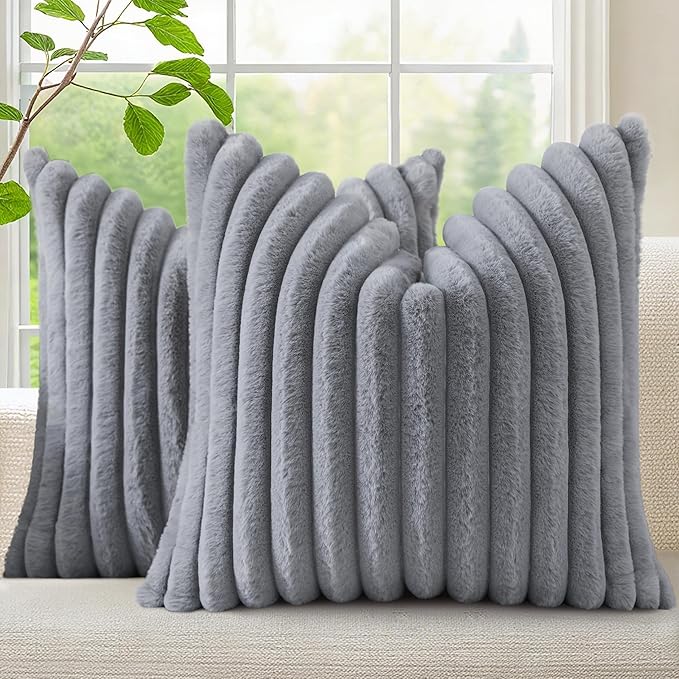 decorUhome Cozy Faux Fur Throw Pillow Covers 20x20 Set of 2 Decorative Soft Plush Striped Modern Farmhouse Boho Couch Pillow Cases with Velvet Back for Sofa Bed Living Room, Grey